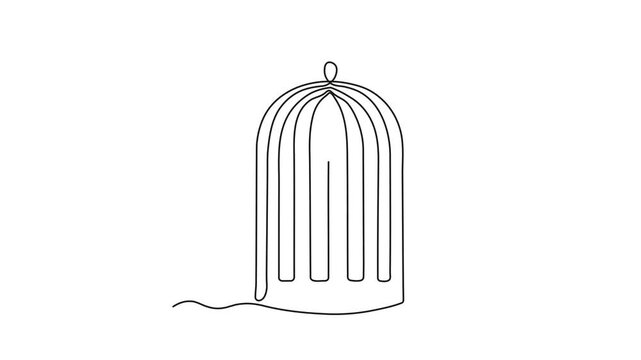 Self drawing animation one continuous line draw, logo on white background. abstract origami paper bird flies out of cage, birdcage