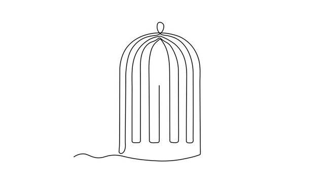 Bird, cockatoo parrot in cage, birdcage, Self drawing animation one continuous line draw, logo on white background