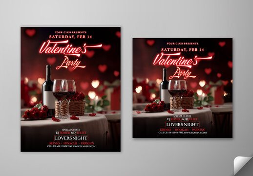 Editable Happy Valentine&rsquo;s Party Post Templates with Romantic Dinner Setup in Black and Red Theme.