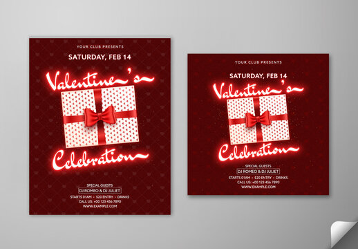 Editable Happy Valentine&rsquo;s Day Celebration Post Templates with Neon Text and Gift Box in Red Color Theme.