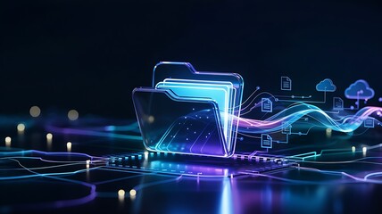 Abstract futuristic digital data stream flowing through glowing neon circuit board with holographic file folder icon