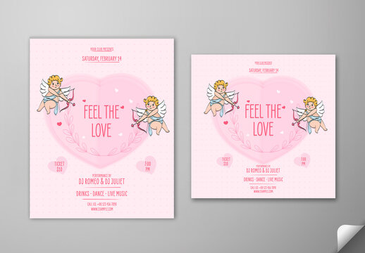 Editable Happy Valentine&rsquo;s Day Party Post Templates with Feel The Love Message in Pink Theme Design.