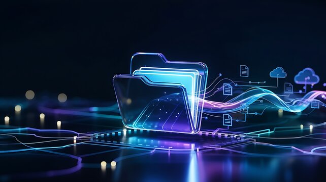 Abstract futuristic digital data stream flowing through glowing neon circuit board with holographic file folder icon