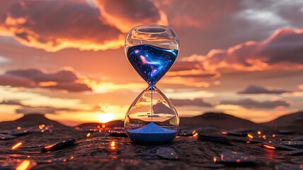 Cosmic galaxy sand flowing through hourglass against dramatic sunset sky with fiery clouds and distant mountains
