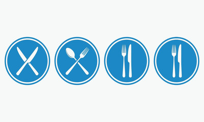 Set of four circular blue and white icons featuring crossed cutlery, fork, spoon, and knife illustrations