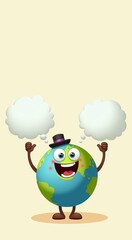 Cartoon globe with arms and legs holding two clouds