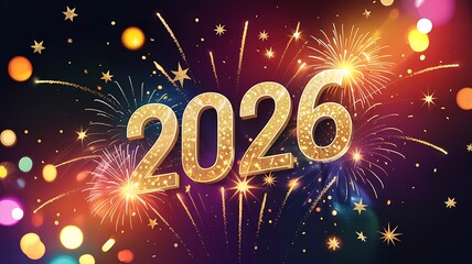 Golden 2026 numbers illuminated by vibrant fireworks and bokeh lights celebrating the new year s eve festive occasion