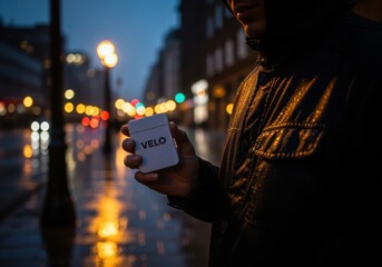 Anonymous Individual Holds a Velo Nicotine Pouch Container on a Wet City Street at Dusk, Surrounded by Urban Bokeh Lights
