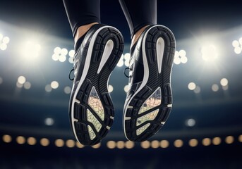 Dynamic low angle view of two athletic running shoes with intricate soles, suspended mid-air against bright stadium floodlights, symbolizing readiness for performance.