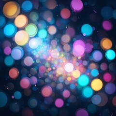 Colorful bokeh lights create a vibrant abstract background. The scene features a mix of soft, glowing circles in various colors against a dark backdrop.