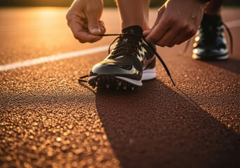 Close-up of an athlete's hands carefully tying the shoelaces of a spiked track shoe on a running track during golden hour.