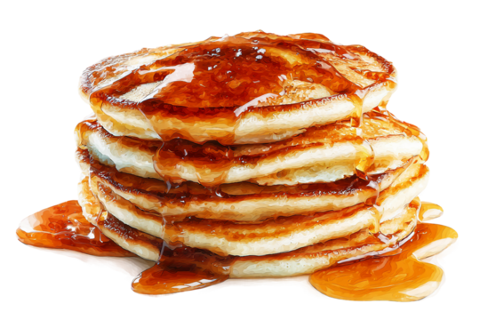 Vibrant fluffy pancake with syrup illustration in expressive watercolor style isolated on transparent background
