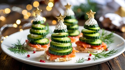 Festive christmas tree shaped appetizers with smoked salmon cucumber and cream cheese topped with stars