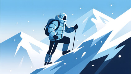 Winter mountaineer climbing snow mountain