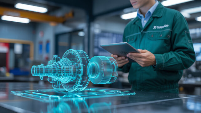 Engineer uses tablet to view holographic 3D model of mechanical part in modern workshop.