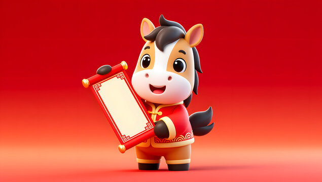 Pony holding couplets horse year illustration