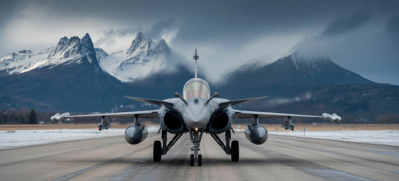 Fighter jet on a snowy runway majestic mountains in the background under a cloudy sky.