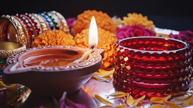 Indian Festival Puja Thali Diya Bangles Flowers Karwa Chauth