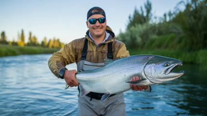 Proud angler with a large salmon on a clear river at sunset.