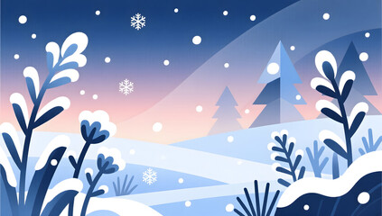 Frosted plants with falling snowflakes in winter