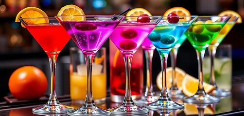 Elegant martini glasses filled with colorful cocktails, garnished with olives and citrus twists, cocktail hour, party