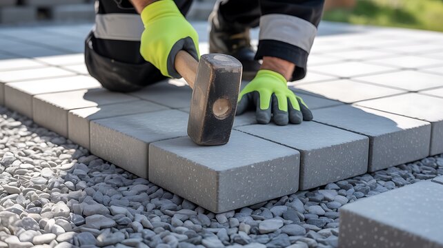 Close up of a construction worker wearing yellow gloves and work pants carefully laying paving stones on a gravel base - Powered by Adobe