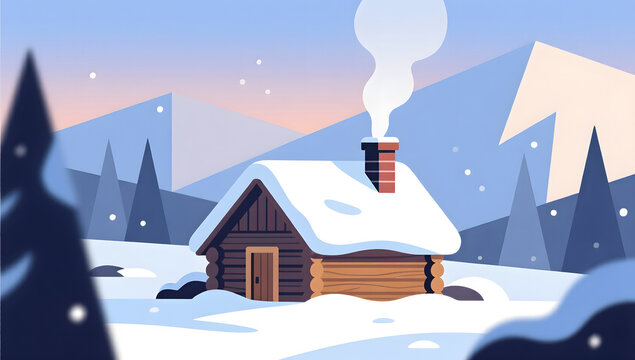 Winter snowy cabin with chimney smoke