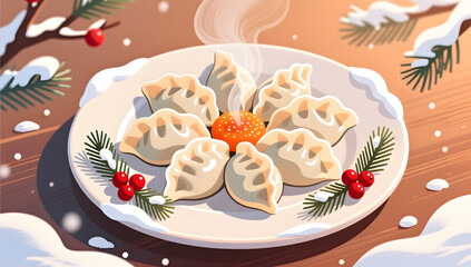 Flower-shaped dumplings with pine and berries for Winter Solstice