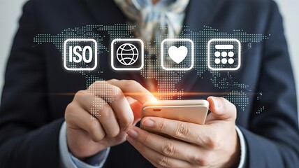 Businessman using smartphone with digital interface showing iso certification global standards quality assurance and business analytics icons