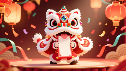 Lion dance illustration jumping in fireworks