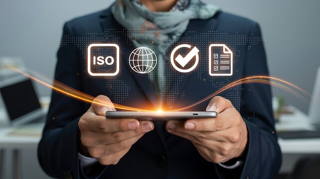Person holding smartphone displaying digital icons representing iso certification quality standards and compliance in a modern office setting