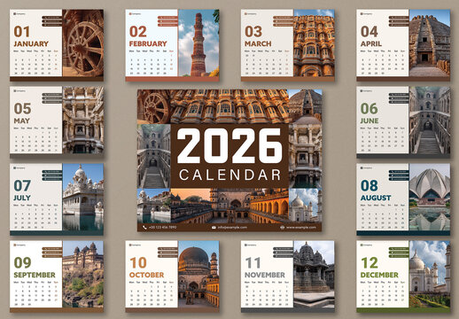 Editable 2026 Calendar Template Set with Famous Indian Heritage and Monument Photography Design.