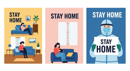 Illustrations promoting staying home for safety and well-being, encouraging people to relax at home and trust essential workers during challenging times