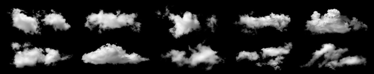 Set of white cloud shapes isolated on a black background, perfect for sky design, photo editing, weather, fantasy scenes, and creative digital artwork in high resolution. cloudy black cutout