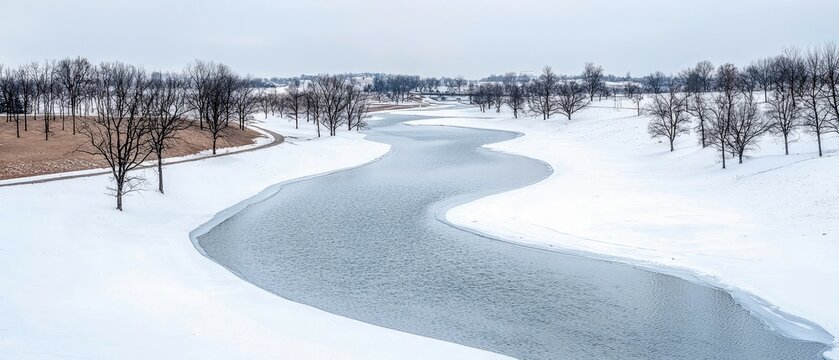 A serene winter scene featuring a partially frozen river meandering through a landscape blanketed in snow, with leafless trees dotting the banks. - Powered by Adobe