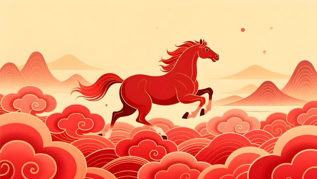 Galloping horse national style illustration in red clouds for Year of Horse