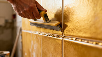 Person meticulously applies grout to golden tiles during a home renovation project. Bright bathroom setting features gleaming surfaces and modern design