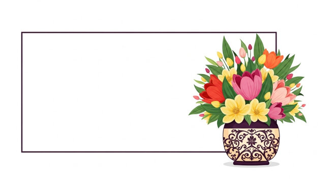 Elegant floral bouquet in decorative vase with blank frame offers space for your custom message, perfect for invitations and greeting cards