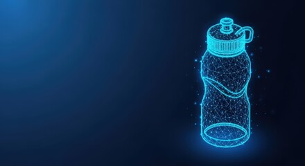 Digital wireframe illustration of a reusable water bottle glowing with blue light on a dark background
