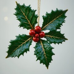 Holly plant with green leaves and red berries, commonly used for Christmas decorations. The leaves are glossy and spiky, adding festive charm.