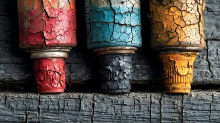 Cracked paint tubes aligned on charred wood, showing texture and color, for design use