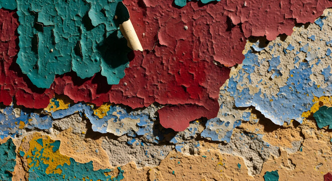 Colorful layers of old cracked paint on a wall surface texture
