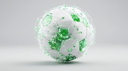 Digital soccer ball with connected data, futuristic design on a gray background, for sports technology