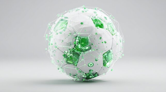 Digital soccer ball with connected data, futuristic design on a gray background, for sports technology