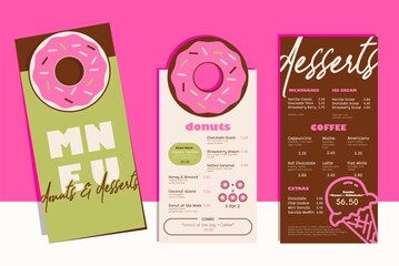 Stylish dessert and coffee menu in a bold retro palette. Includes milkshakes, ice cream, coffee drinks, extras, and combo options. Perfect for cafs, dessert bars, bakeries, and restaurant branding. Id