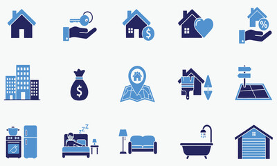 Set of real estate icons representing housing, property, and home ownership