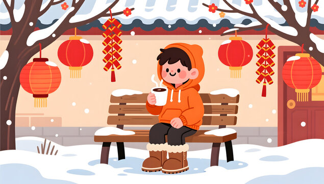 Boy enjoying hot chocolate in the snow at Spring Festival