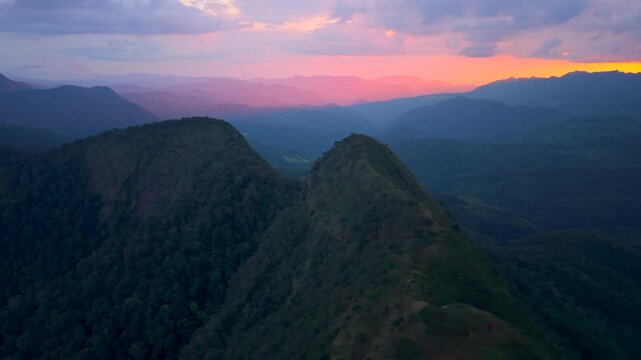 The light of the sunset on the mountain, the color of the evening sky, hiking