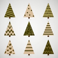 Obraz premium A collection of nine stylized Christmas tree illustrations in varying patterns and shades of green and beige. Simple shapes and flat design create a modern, festive aesthetic.