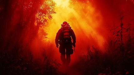 Firefighter walking through a smoky forest with a red glow showcasing bravery and determination in a dangerous environment for safety ads